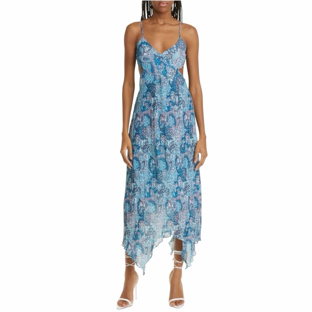 NEW Ramy Brook Moor Blue Paisley Handkerchief Hem Cutout Maxi Dress size 00